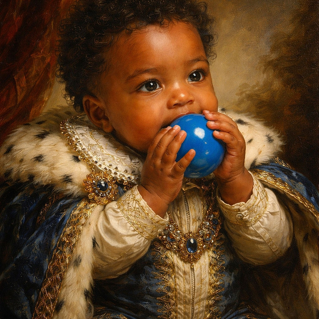 A curious baby chewing on a bright blue ball, surrounded by colorful toys and cozy blankets, with big eyes full of wonder and a playful vibe.