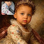 A curious toddler with striking blue eyes and curly hair sits comfortably in a car seat, sporting a colorful floral sweater and pink leggings, looking back with a thoughtful expression as if caught mid-adventure.
