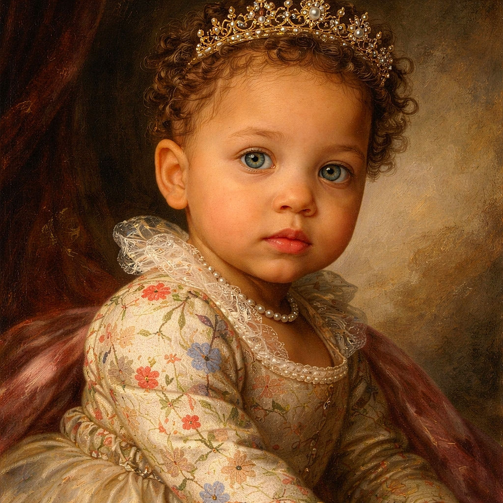 A curious toddler with striking blue eyes and curly hair sits comfortably in a car seat, sporting a colorful floral sweater and pink leggings, looking back with a thoughtful expression as if caught mid-adventure.