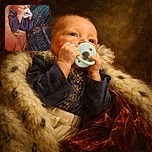 A tiny baby with a pacifier is cozily cradled in an adult's arm wearing a Star Wars t-shirt, looking curiously to the side with a calm expression.