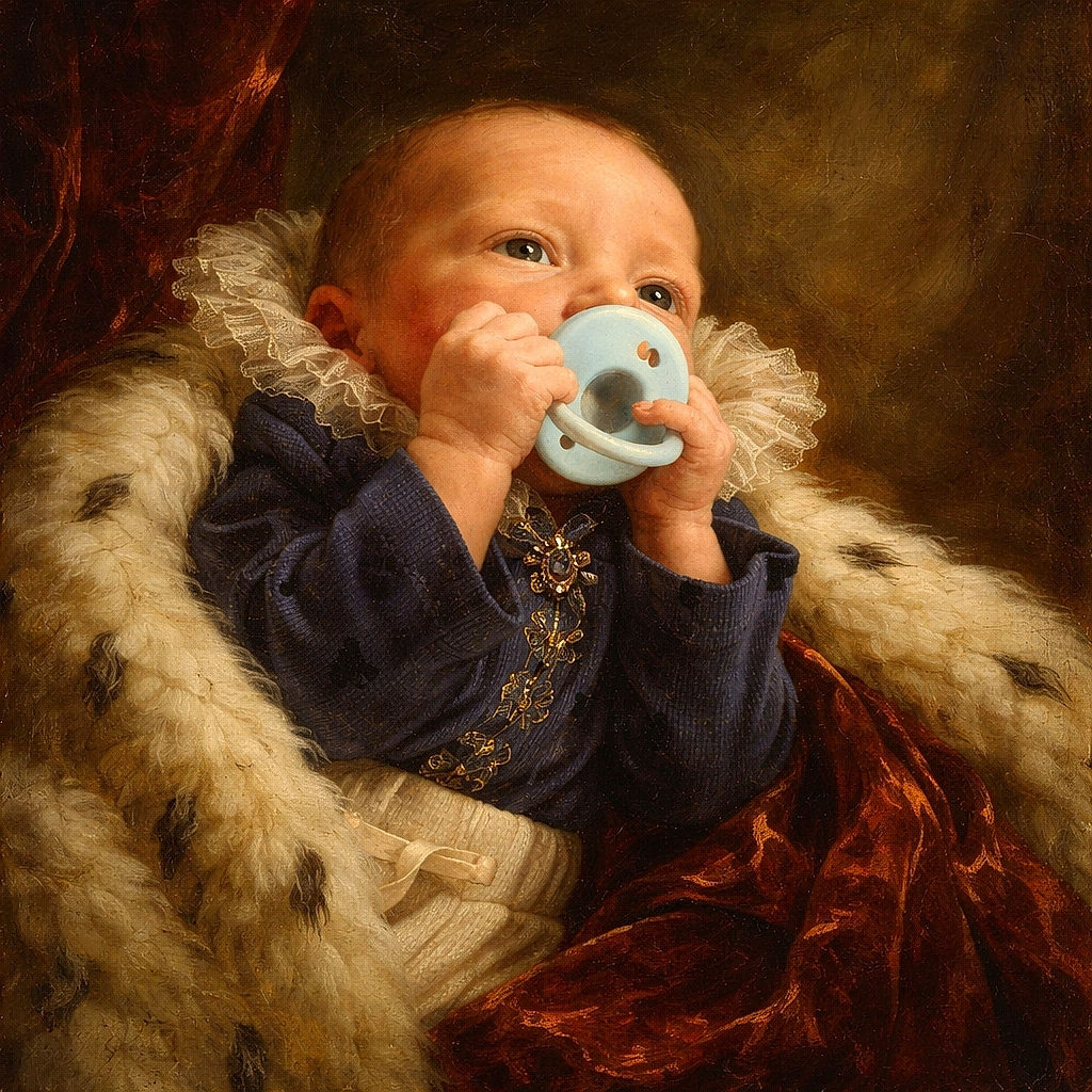 A tiny baby with a pacifier is cozily cradled in an adult's arm wearing a Star Wars t-shirt, looking curiously to the side with a calm expression.