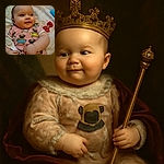 A chubby-cheeked baby lies on a patterned blanket, wearing a pink onesie adorned with playful pug illustrations in colorful floaties. The baby holds a white brush and looks off-camera with a curious and content expression. Around the baby are colorful hair rollers and a red bow clip, adding a playful and cozy vibe to the scene.