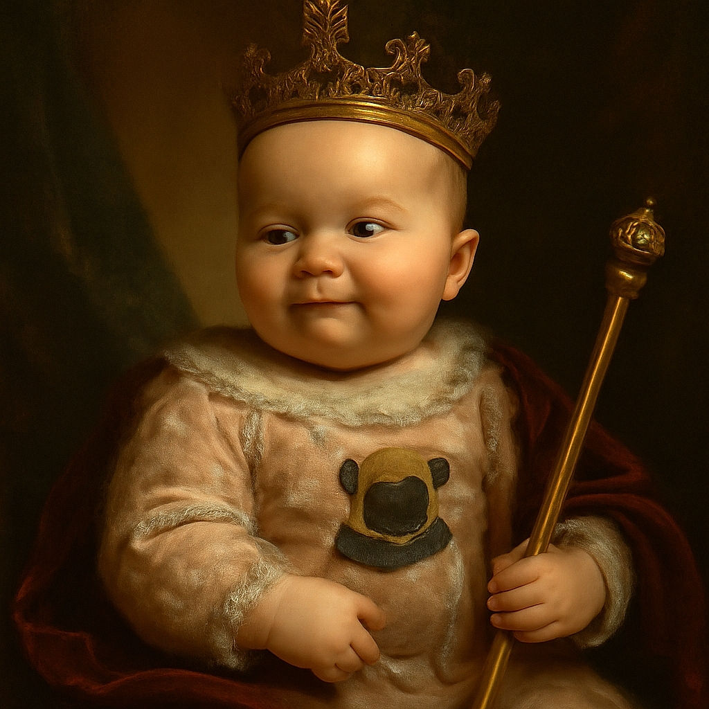 A chubby-cheeked baby lies on a patterned blanket, wearing a pink onesie adorned with playful pug illustrations in colorful floaties. The baby holds a white brush and looks off-camera with a curious and content expression. Around the baby are colorful hair rollers and a red bow clip, adding a playful and cozy vibe to the scene.