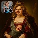 A smiling woman with blonde curly hair sits on a blue exercise ball, carrying a peacefully sleeping baby in a gray Moby wrap carrier. The baby has a pacifier and a small plush toy, creating a cozy and tender moment indoors on a wooden floor.