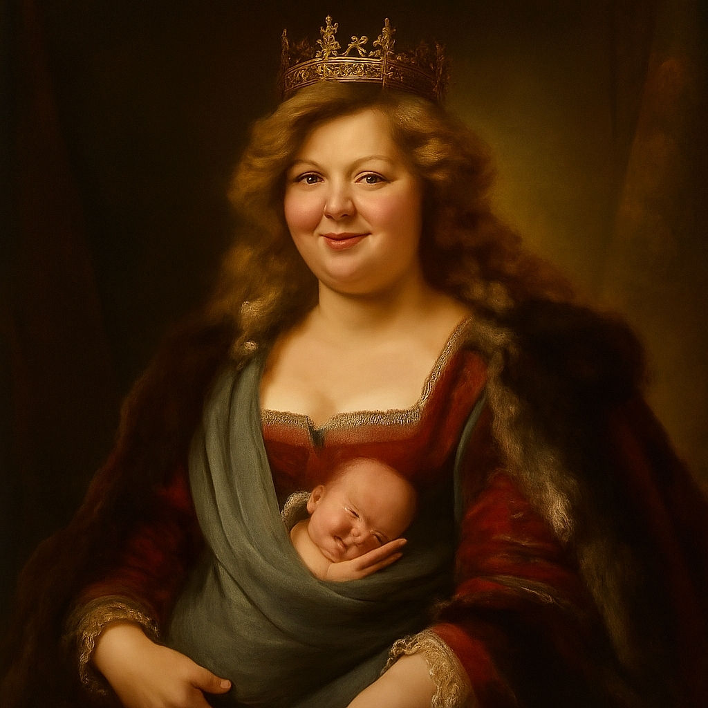 A smiling woman with blonde curly hair sits on a blue exercise ball, carrying a peacefully sleeping baby in a gray Moby wrap carrier. The baby has a pacifier and a small plush toy, creating a cozy and tender moment indoors on a wooden floor.