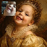 A close-up of a joyful child with sparkling effects added, smiling widely with their tongue slightly out, while a colorful animated show plays on the TV in the background.