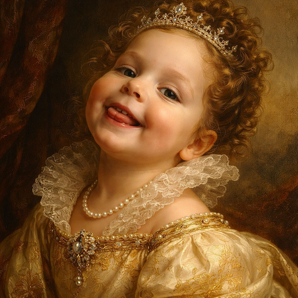 A close-up of a joyful child with sparkling effects added, smiling widely with their tongue slightly out, while a colorful animated show plays on the TV in the background.