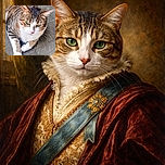 A close-up photo of a tabby cat with green eyes lounging on a textured surface, its white paws crossed elegantly, looking contemplative and slightly regal.