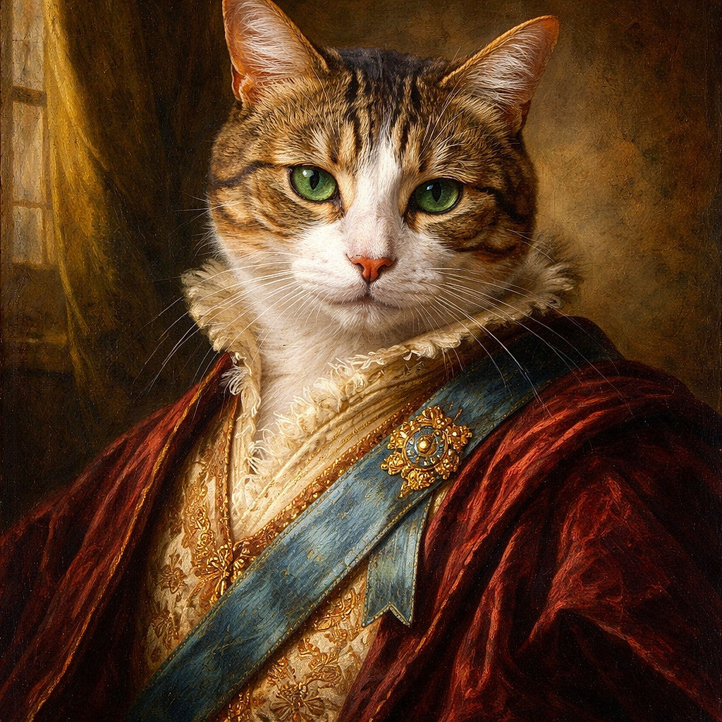 A close-up photo of a tabby cat with green eyes lounging on a textured surface, its white paws crossed elegantly, looking contemplative and slightly regal.