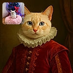 A wide-eyed cat with striking blue eyes sits elegantly in a fluffy pink bed, perfectly framed by a festively decorated Christmas tree adorned with red bows, ornaments, and twinkling blue lights. The cozy setting is completed by wrapped presents and a warm wooden floor, creating a heartwarming holiday scene.