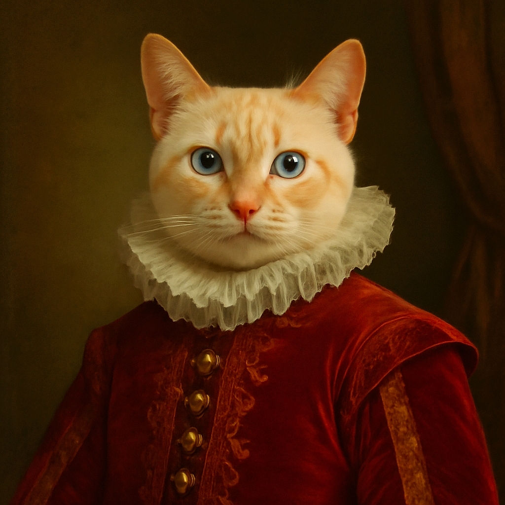 A wide-eyed cat with striking blue eyes sits elegantly in a fluffy pink bed, perfectly framed by a festively decorated Christmas tree adorned with red bows, ornaments, and twinkling blue lights. The cozy setting is completed by wrapped presents and a warm wooden floor, creating a heartwarming holiday scene.