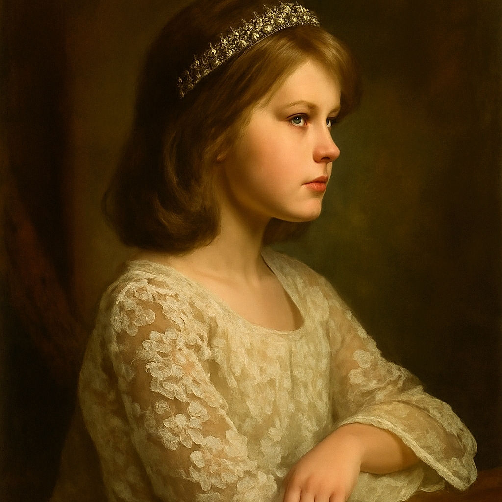 A thoughtful child with medium-length hair gazes out of a car window, wearing a delicate lace garment that adds an elegant touch to the candid moment inside the vehicle.