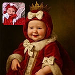 A cheerful baby wrapped in a cozy red knitted outfit adorned with white bows, peeking out from soft pink lace surroundings, flashing a playful smile and sticking out their tongue like a tiny comedian.