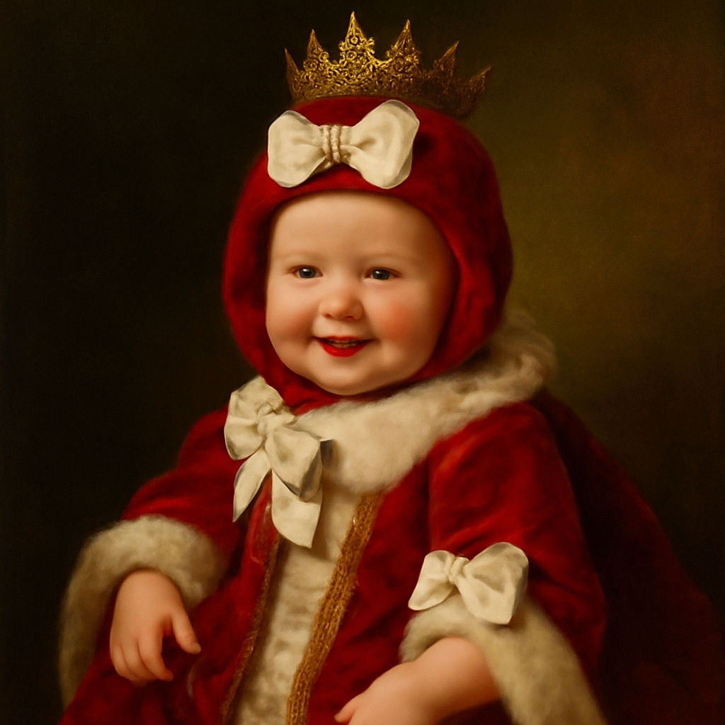 A cheerful baby wrapped in a cozy red knitted outfit adorned with white bows, peeking out from soft pink lace surroundings, flashing a playful smile and sticking out their tongue like a tiny comedian.