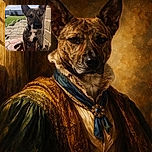 A brindle dog with large, upright ears sits on a red-tiled porch next to a brick wall, squinting slightly in the bright sunlight with a serene expression. The background shows a paved stone pathway leading to a grassy yard under a clear blue sky.