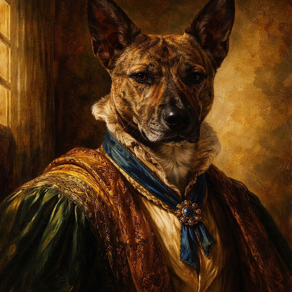 A brindle dog with large, upright ears sits on a red-tiled porch next to a brick wall, squinting slightly in the bright sunlight with a serene expression. The background shows a paved stone pathway leading to a grassy yard under a clear blue sky.