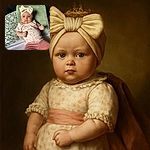 A serious-faced baby wearing a large cream-colored bow headband and a floral patterned shirt reclines against a soft green pillow, looking curiously at the camera with a slightly furrowed brow, surrounded by cozy bedding.