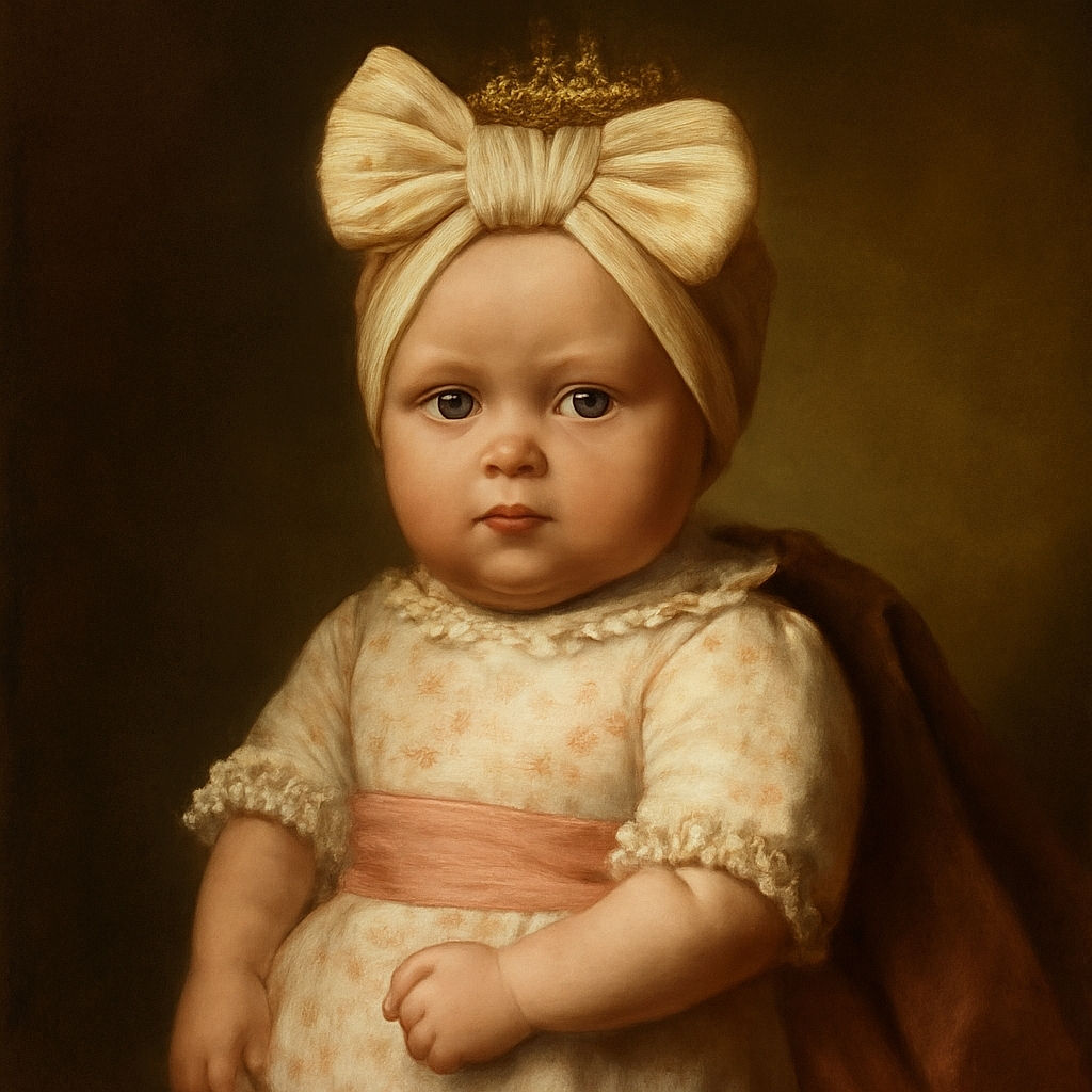 A serious-faced baby wearing a large cream-colored bow headband and a floral patterned shirt reclines against a soft green pillow, looking curiously at the camera with a slightly furrowed brow, surrounded by cozy bedding.