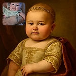 A chubby-cheeked baby is cozily nestled in the arms of an adult with tattoos, looking curiously at the camera with soft lighting and a slightly blurred background.