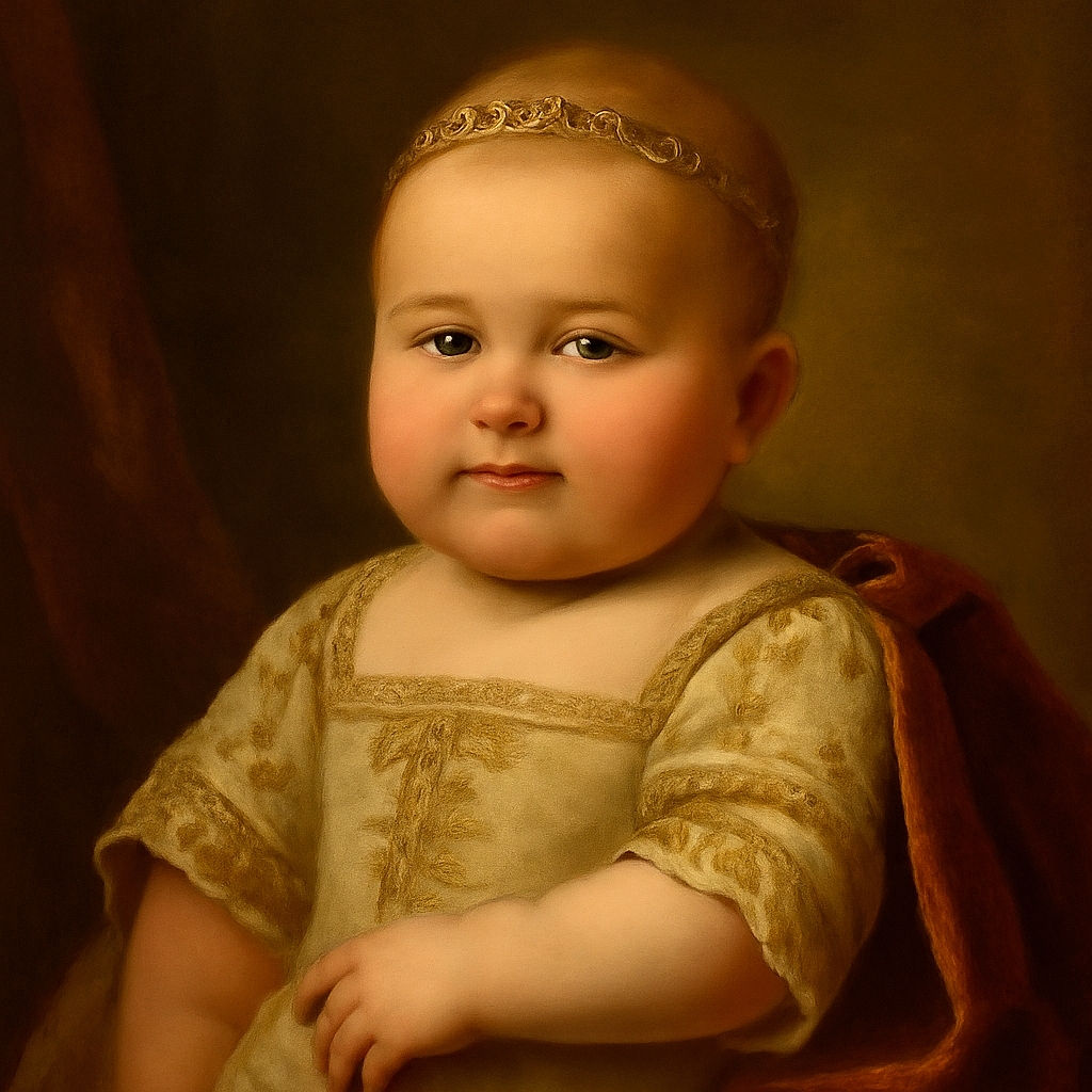 A chubby-cheeked baby is cozily nestled in the arms of an adult with tattoos, looking curiously at the camera with soft lighting and a slightly blurred background.