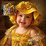 A cheerful toddler wearing a bright yellow sunhat and matching dress beams happily at the camera, with a cozy rustic wooden kitchen background adding warmth to the scene.