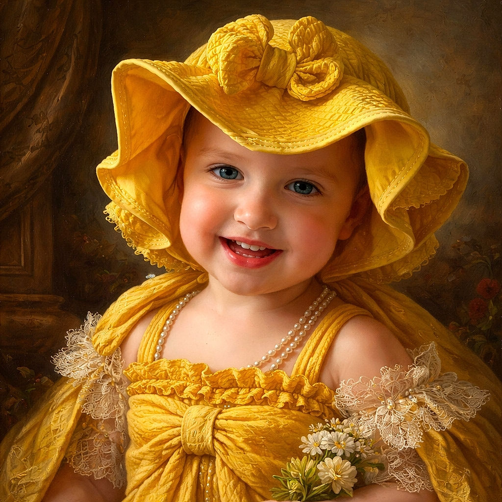 A cheerful toddler wearing a bright yellow sunhat and matching dress beams happily at the camera, with a cozy rustic wooden kitchen background adding warmth to the scene.