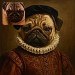 A close-up photo of a pug with soulful eyes and wrinkled face, resting comfortably with a soft background that highlights its adorable features.