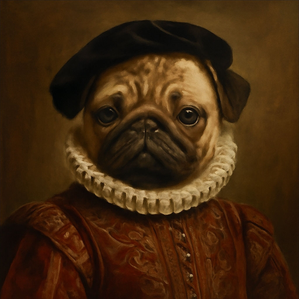 A close-up photo of a pug with soulful eyes and wrinkled face, resting comfortably with a soft background that highlights its adorable features.