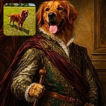 A happy golden retriever stands proudly on a sunny grassy field, tongue out and wearing a colorful bandana, looking like the ultimate good boy ready for an adventure.
