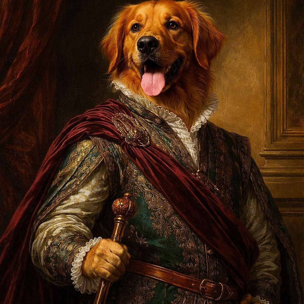 A happy golden retriever stands proudly on a sunny grassy field, tongue out and wearing a colorful bandana, looking like the ultimate good boy ready for an adventure.