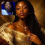 A close-up selfie of a young person with braided hair and glossy lips, posing with one hand resting on their head against a deep blue background, wearing a white shirt with a purple shadow cast on it.