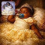 A peacefully sleeping baby with a blue pacifier, dressed in a frilly yellow outfit, lying on a soft purple and white blanket. The photo is a bit blurry but captures the serene moment of rest.