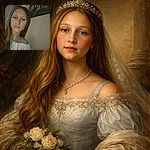 A slightly blurry selfie of a young girl with long hair, wearing a casual top, posing indoors with a neutral expression. The background includes a wall with a painting and a dimly lit TV screen.