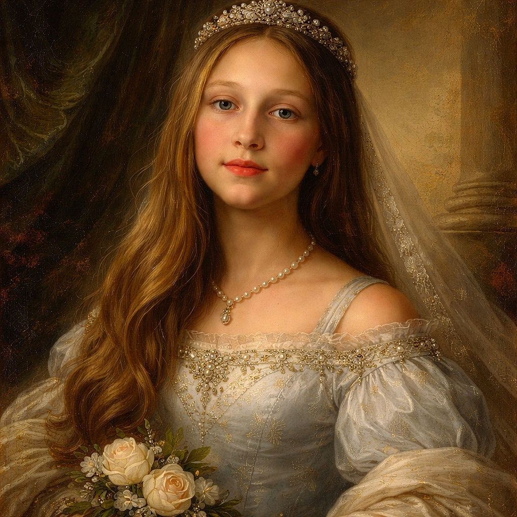 A slightly blurry selfie of a young girl with long hair, wearing a casual top, posing indoors with a neutral expression. The background includes a wall with a painting and a dimly lit TV screen.