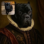 A shiny black dog with soulful eyes sits obediently on a wooden floor in a cozy kitchen, looking up with a mix of curiosity and hope, framed by warm wooden cabinets and a stainless steel oven.