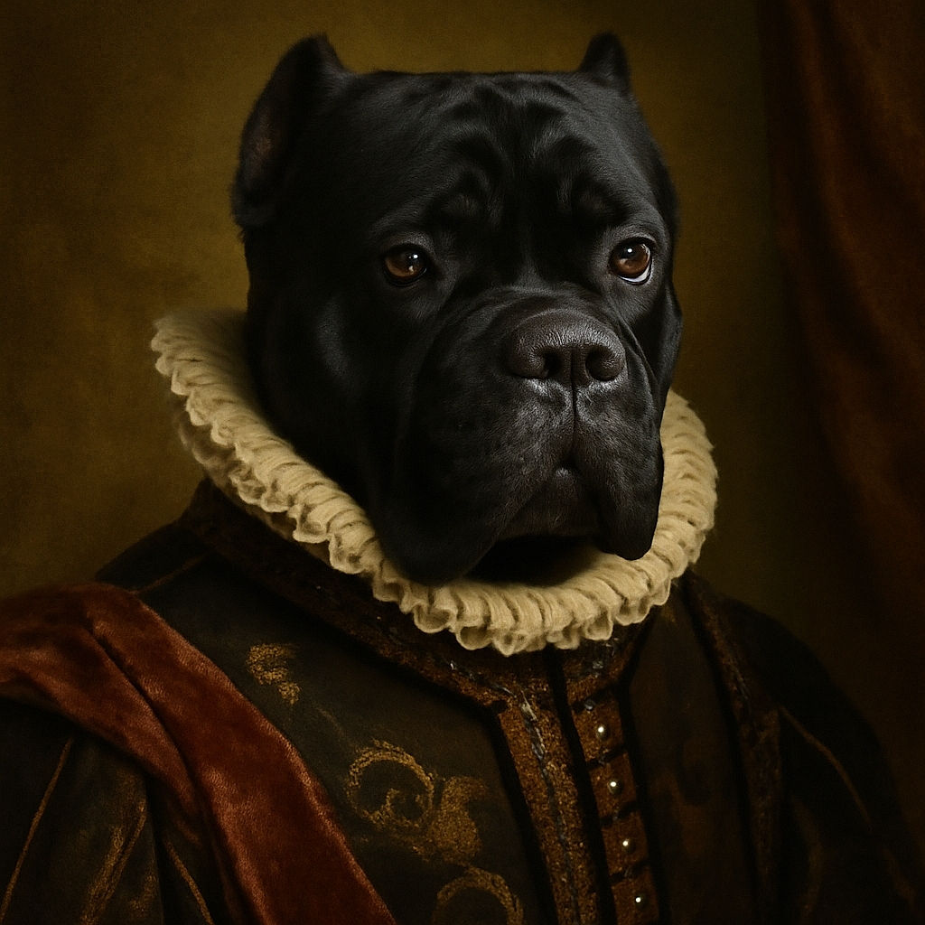 A shiny black dog with soulful eyes sits obediently on a wooden floor in a cozy kitchen, looking up with a mix of curiosity and hope, framed by warm wooden cabinets and a stainless steel oven.