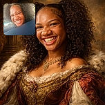 A close-up of a person with a big, playful grin, scrunching their face in a burst of joy, framed by voluminous curly hair and the back of a seat in the foreground, giving a candid and lively vibe.