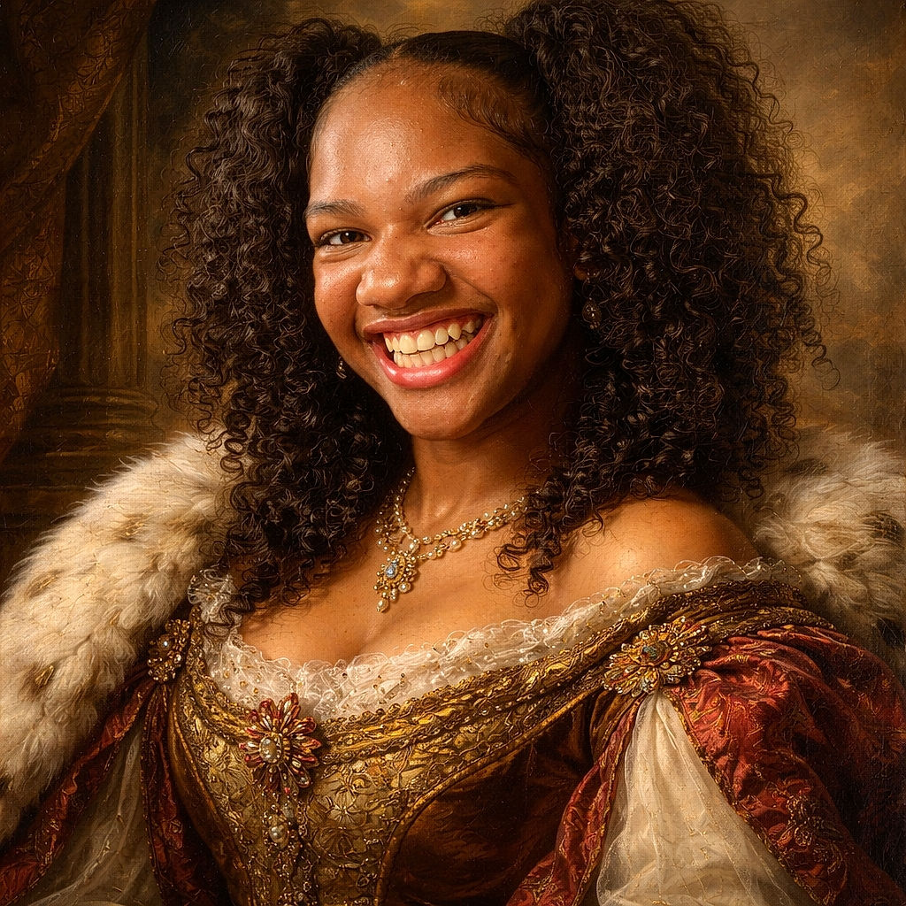 A close-up of a person with a big, playful grin, scrunching their face in a burst of joy, framed by voluminous curly hair and the back of a seat in the foreground, giving a candid and lively vibe.