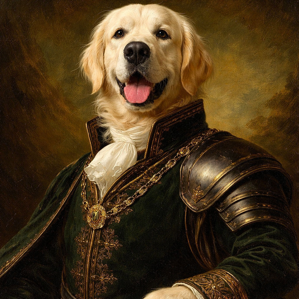 A gleeful golden retriever hogs the frame, nose and tongue front-and-center (complete with a dramatic dark spot), lounging on a couch with a cozy plaid blanket and a softly blurred living-room backdrop—looks like it's auditioning for "Goodest Boy of the Year."