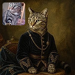 A dignified silver tabby cat sits like the household manager, gazing off with serious green-eyed wisdom while a cartoon sunglasses-wearing tiger enjoys a pink drink and announces that it is Saturday. The wooden chair and colorful bedspread complete this cozy feline headquarters.