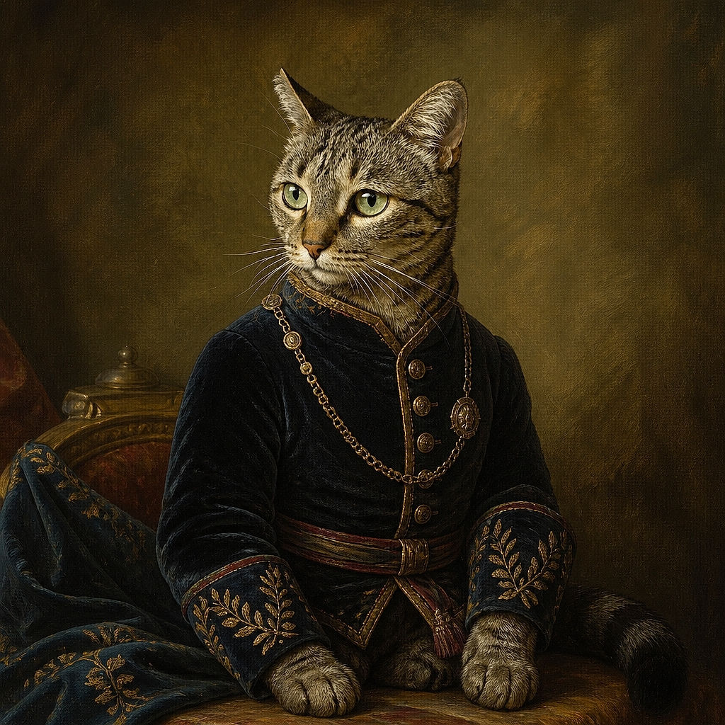 A dignified silver tabby cat sits like the household manager, gazing off with serious green-eyed wisdom while a cartoon sunglasses-wearing tiger enjoys a pink drink and announces that it is Saturday. The wooden chair and colorful bedspread complete this cozy feline headquarters.