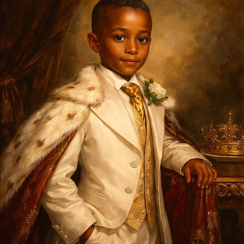 A pint-sized gentleman in a crisp white suit stands like he owns the aisle, clutching a lacy pillow and giving a solemn smile — equal parts proud ring-bearer and tiny CEO of weddings.