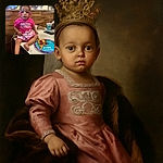 A cute toddler wearing a colorful 'Happy Birthday' headband and a bright pink outfit sits on a table next to a slice of pepperoni pizza on a Chuck E. Cheese themed plate, looking curiously at the camera with big eyes and a slightly open mouth.