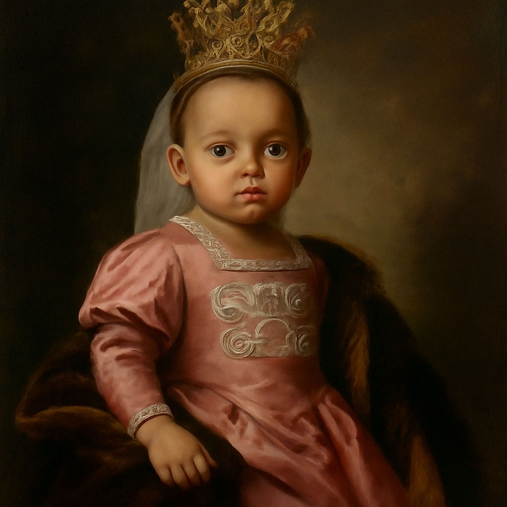 A cute toddler wearing a colorful 'Happy Birthday' headband and a bright pink outfit sits on a table next to a slice of pepperoni pizza on a Chuck E. Cheese themed plate, looking curiously at the camera with big eyes and a slightly open mouth.