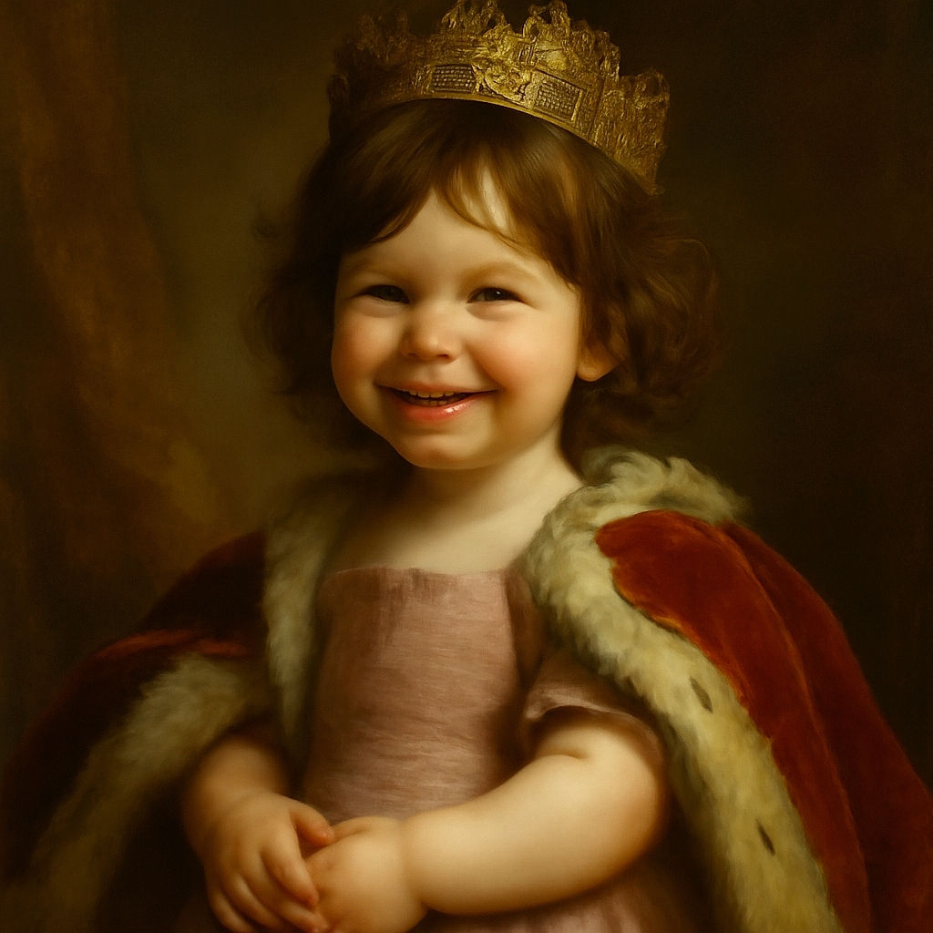 A joyful toddler with tousled dark hair and a big smile sits comfortably on a couch, holding a blue object, with a cozy home background featuring cushions and a game controller nearby.