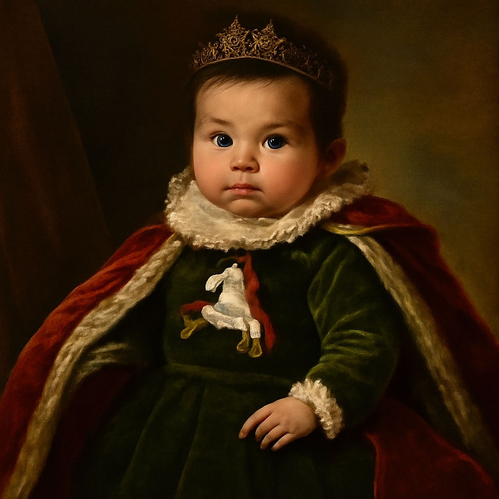 A cute baby lies comfortably in a cozy playpen surrounded by soft blankets and plush toys, sporting a green outfit with a playful unicorn patch and a purple pacifier, looking curiously at the camera with wide eyes and tousled hair.