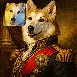 A charming dog with a fluffy coat smiles warmly at the camera, bathed in soft, warm light on one side and cooler tones on the other, creating a cozy and inviting atmosphere despite the slightly grainy quality.