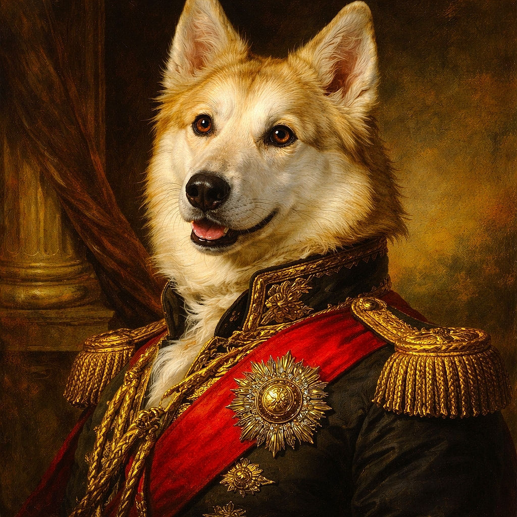 A charming dog with a fluffy coat smiles warmly at the camera, bathed in soft, warm light on one side and cooler tones on the other, creating a cozy and inviting atmosphere despite the slightly grainy quality.