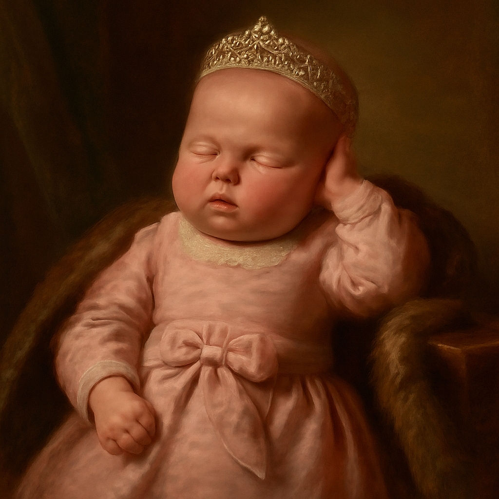 A peaceful baby dressed in a pink outfit with playful patterns is taking a nap on a cozy white blanket, looking like a tiny, contented burrito ready for dreamland adventures.