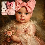 Tiny boss in a gigantic pink bow stares straight into the camera like it's an important meeting — marshmallow cheeks, ribbon-patterned onesie, and a plush sidekick on standby for snack negotiations.